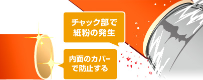 チャック部で発生する紙粉を内面のカバーで防止する